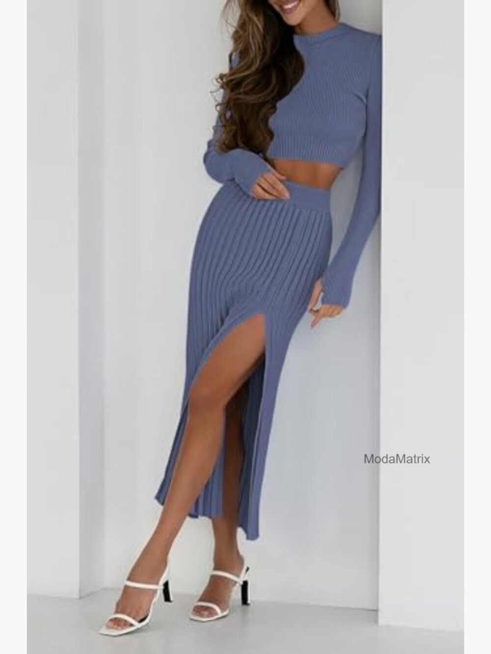 Ribbed Knit 2-Piece Set Crop Top Bodycon Maxi Skirt Medium - Picture 4 of 7